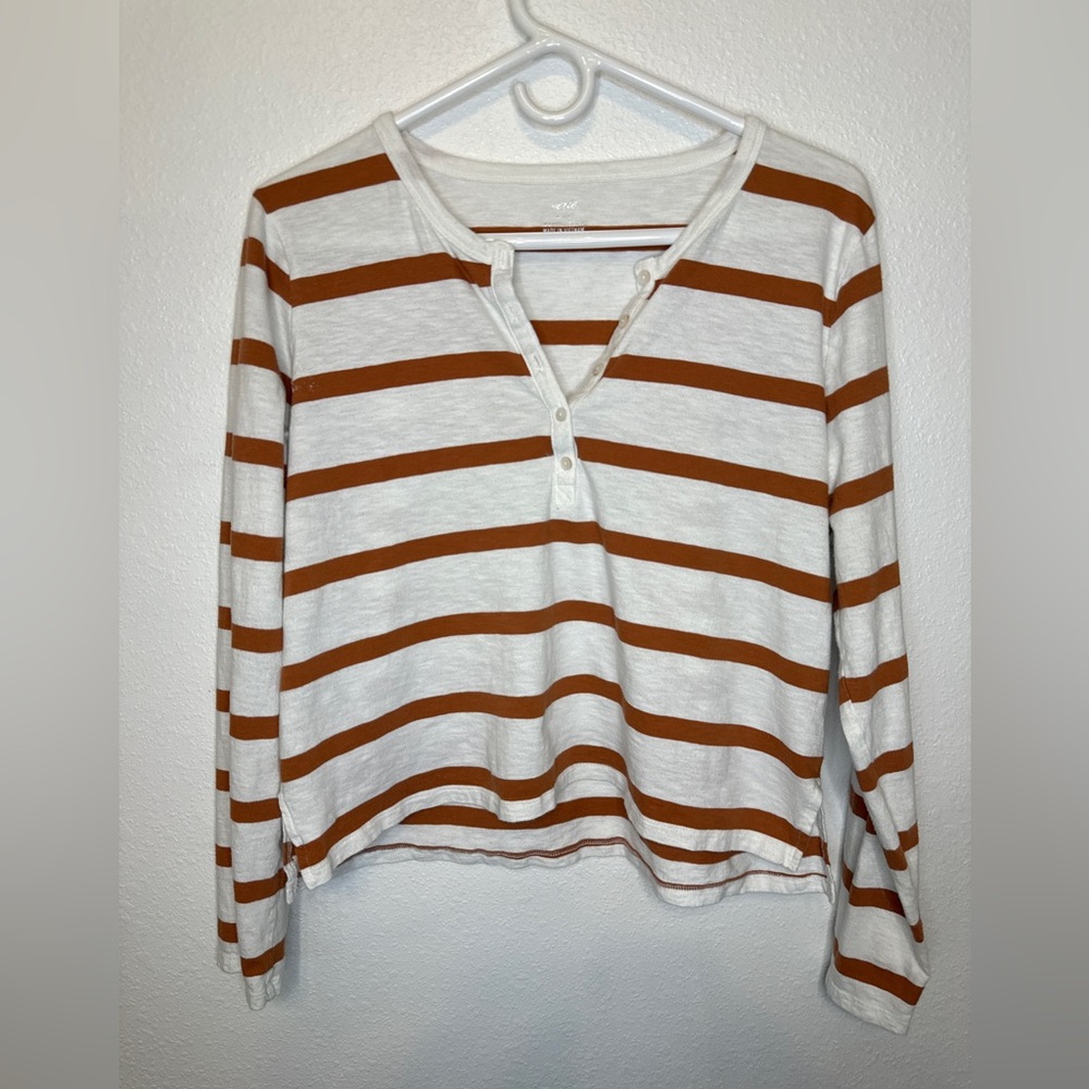 Aerie Striped Long-Sleeve Henley Top - White & Brown